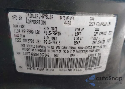 2000 Jeep Cherokee Sport из США, поврежденный, VIN 1J4FF48S9YL267146